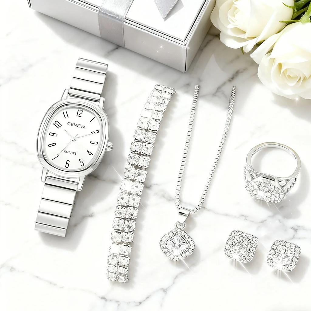 6pcs/Set-Elegant Women's Oval Quartz Watch Set, Suitable for Bracelets, Necklaces, Rings, Earrings, Fashionable Gift Choices