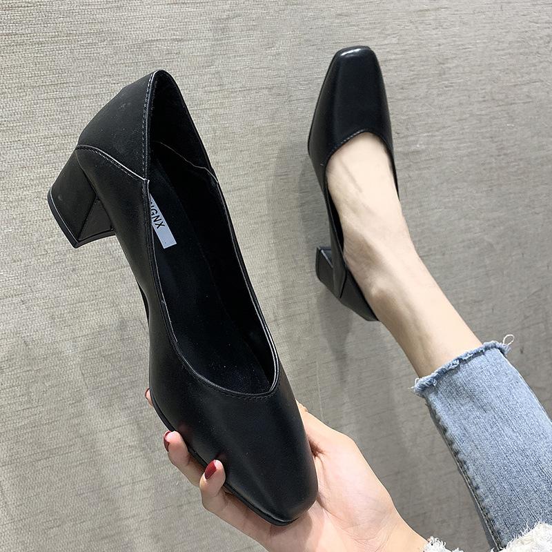 Fashion Shallow Mouth with Follow-up Shoes 2024 New Simple Solid Color Middle Heel Square Toe Daily Work Single Shoe Zapatos De Mujer