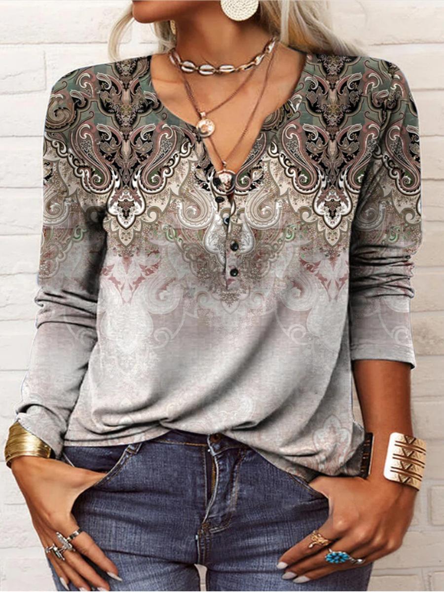 

Autumn New Arrivals Women s Long Sleeve Printed Ethnic Fashion T-Shirt 5XL хакі