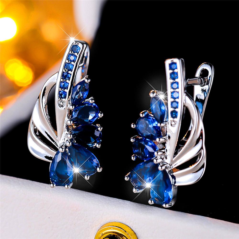 Luxury Female Blue Green Clip Earrings Charm Gold Color Trendy Zircon Stone Wedding  For Women