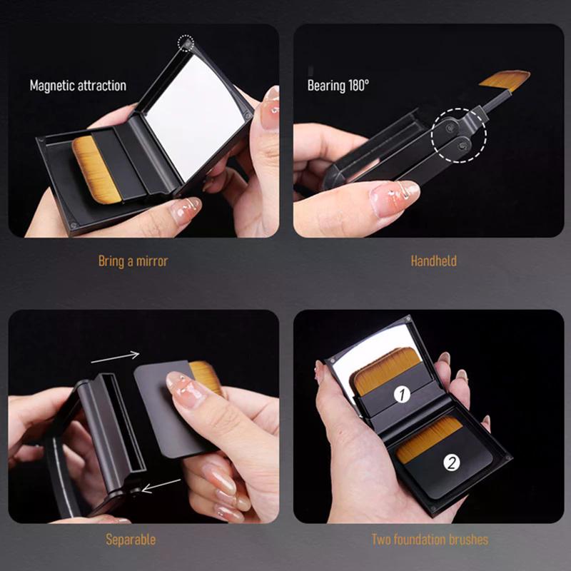 2Pcs Ultra-thin Compact Foundation Brush With Mirror Box Easy To Carry Flat-head Makeup Brush No Trace Replaceable Makeup Tools