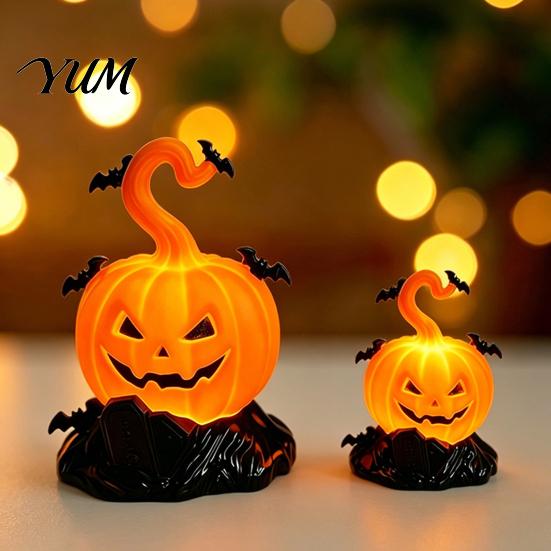 Mysterious Theme Party Supplies 2Pcs Halloween Pumpkin Night Light, Flameless LED Candle Lamp with Bat Battery Operated Lights Decor, Plastic Tabletop