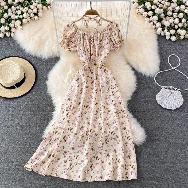 

Chic Slim Looking Summer First Date Halterneck Large Swing Dress Apricot All yards