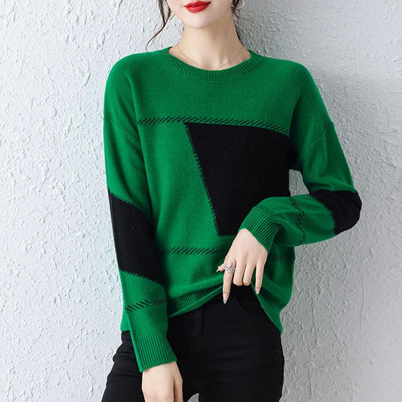 New Autumn Winter Fashion Round Neck Contrast Color Cashmere Sweater Loose and Versatile Large Foreign Long Sleeve Sweater