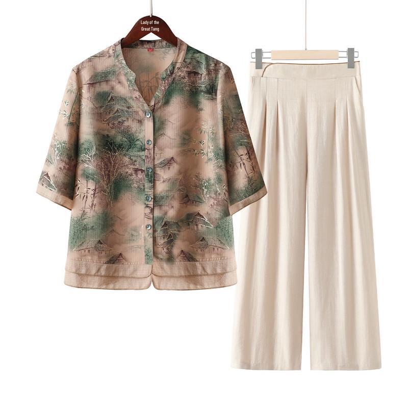 

Fashionable V-Neck Summer Shirt Set for Senior Women 4XL