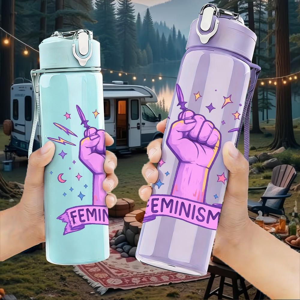 1PC Feminist Fist Letter Print 750ml Color Plastic Sports Water Bottle Leakproof Flip Straw Lid Suitable for Sports Office Home Use