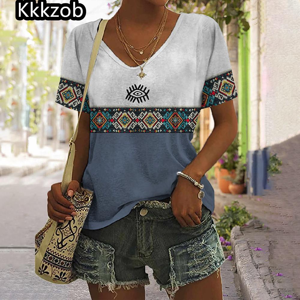 2025 Vintage Shirt for Women Totem Printed Ethnic Style Women's Clothing Summer Casual Short Sleeved Tops Tees Oversized T-Shirt