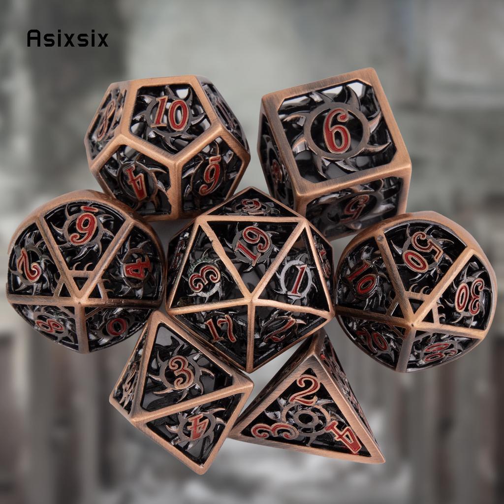 7 Pcs Copper Red Rotary Cyclone Metal Dice Hollow Metal Polyhedral Dice Set Suitable for Role-Playing RPG  Board Game Card Game