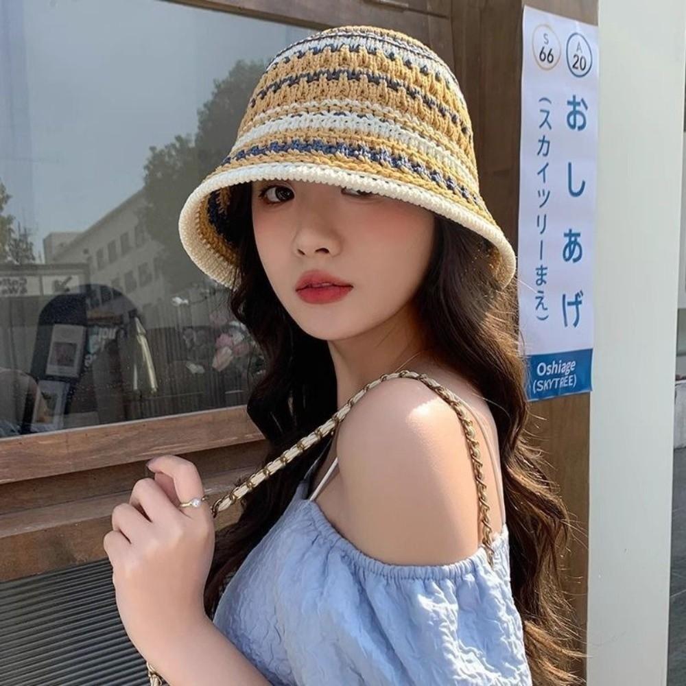 Colorful Knitted Bucket Hat Stripe Sun Protection Cap Elegant Sunshade Basin Cap  Women