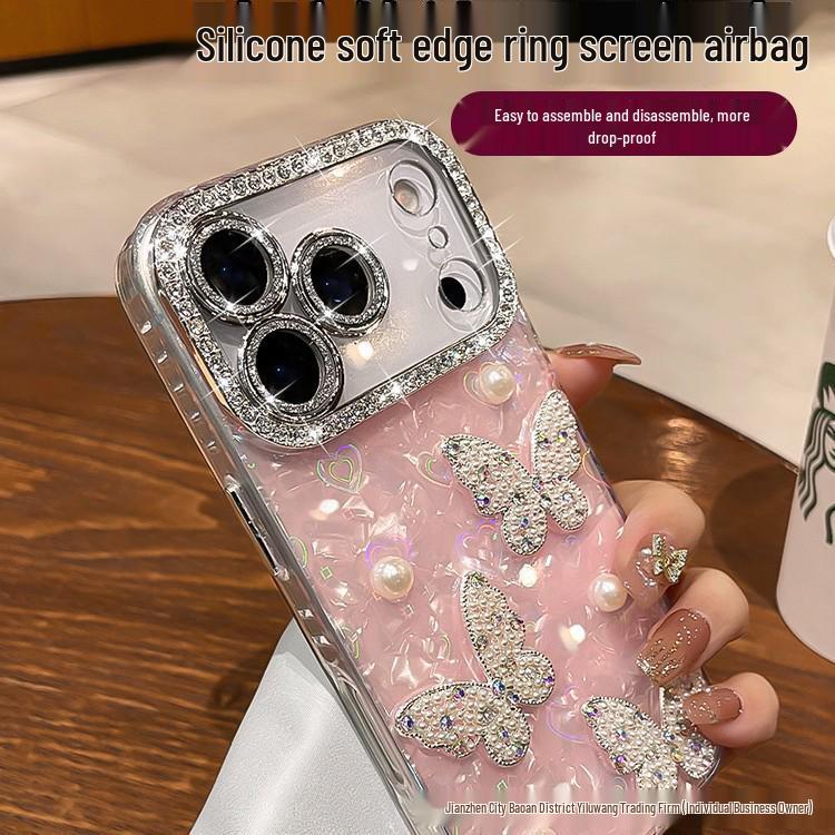 iPhone 17 Pro Max Pearl Butterfly Rhinestone Phone Case with Full Lens Coverage