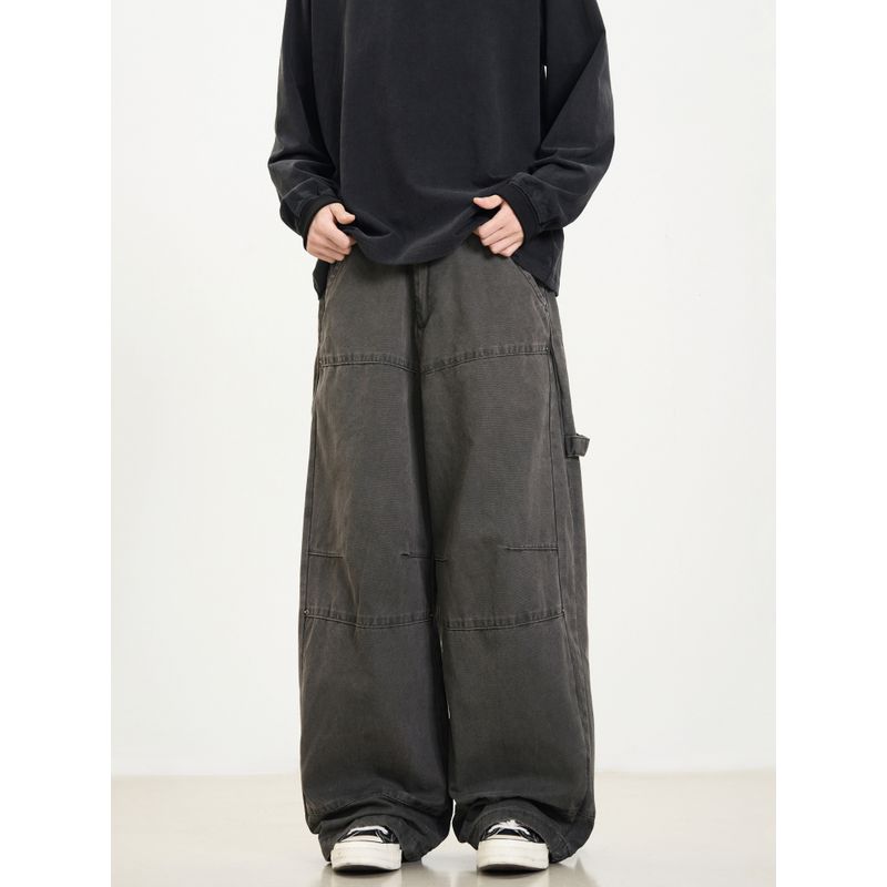 Kisko Designed American Retro Washed Wide-Leg Drape Work Pants for Men and Women, Loose Straight-Leg Baggy Casual Trousers