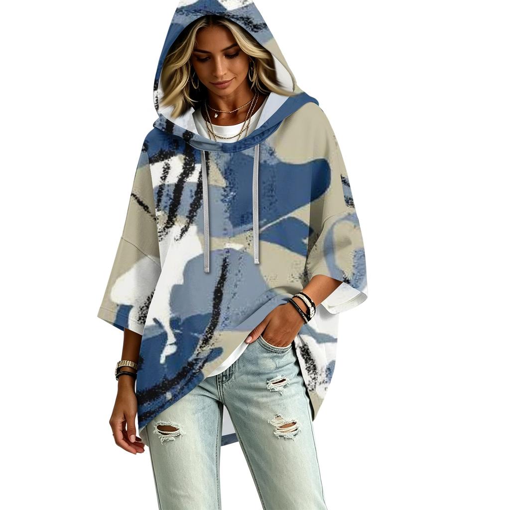 Women's Casual Camouflage Print Hooded Pullover Top with Three-Quarter Sleeves