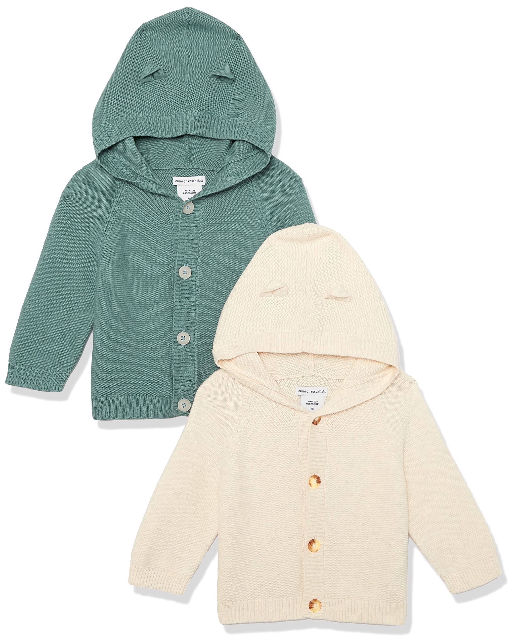 

Amazon Essentials 2-Pack Hooded Knit Baby Sweaters, Oatmeal/Dark Sage Green, Size 65