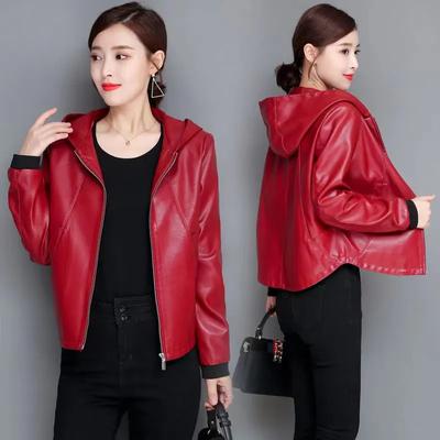 Giacca da donna casual in pelle PU per primavera e autunno, con cappuccio, cerniera, corta