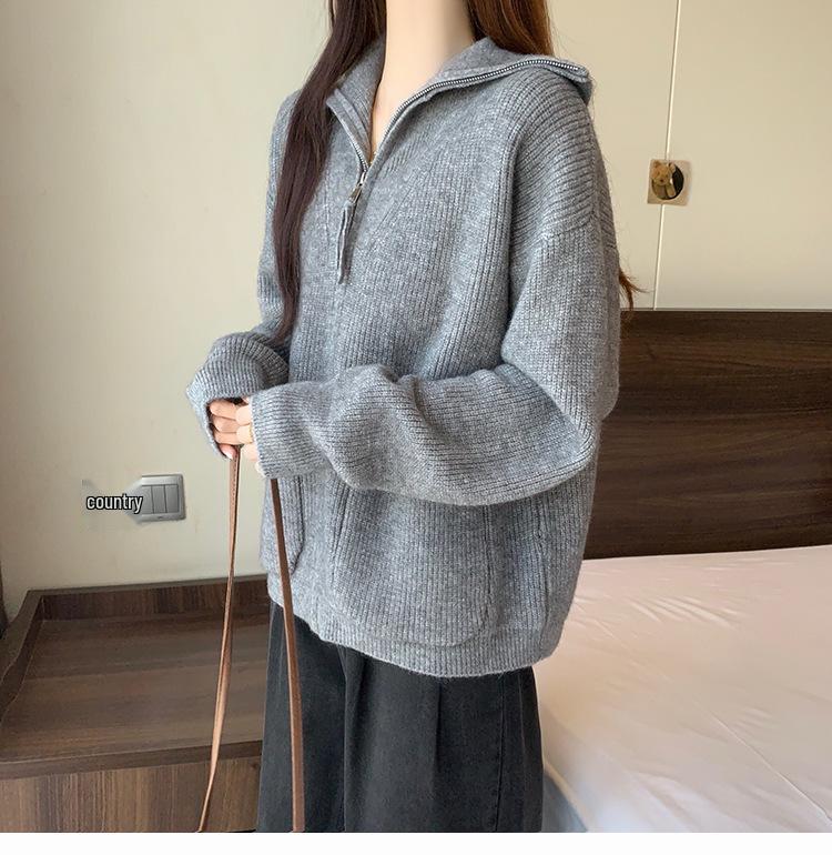 Women's Plus Size Grey Knit Zipper Lapel Cardigan