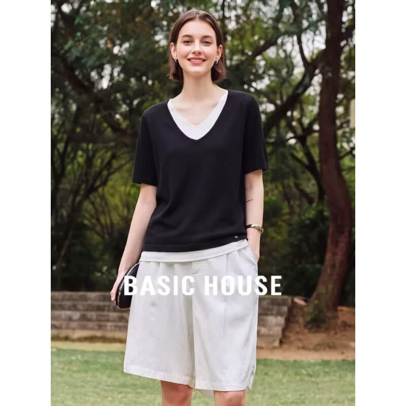 Basic House Women s Faux Two-Piece V-Neck Knit Short Sleeve T-Shirt XL