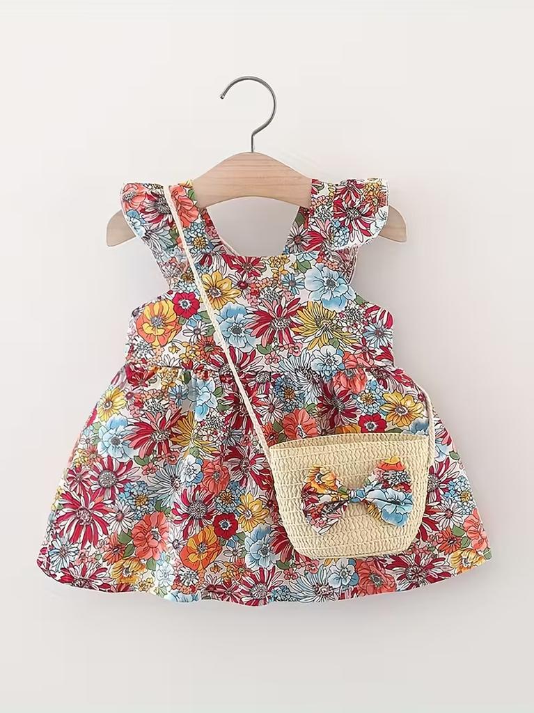 2Pcs Toddler Girls Flower Print Dress and Handbag Set Casual Sleeveless Sundress Summer Beach Party Clothing