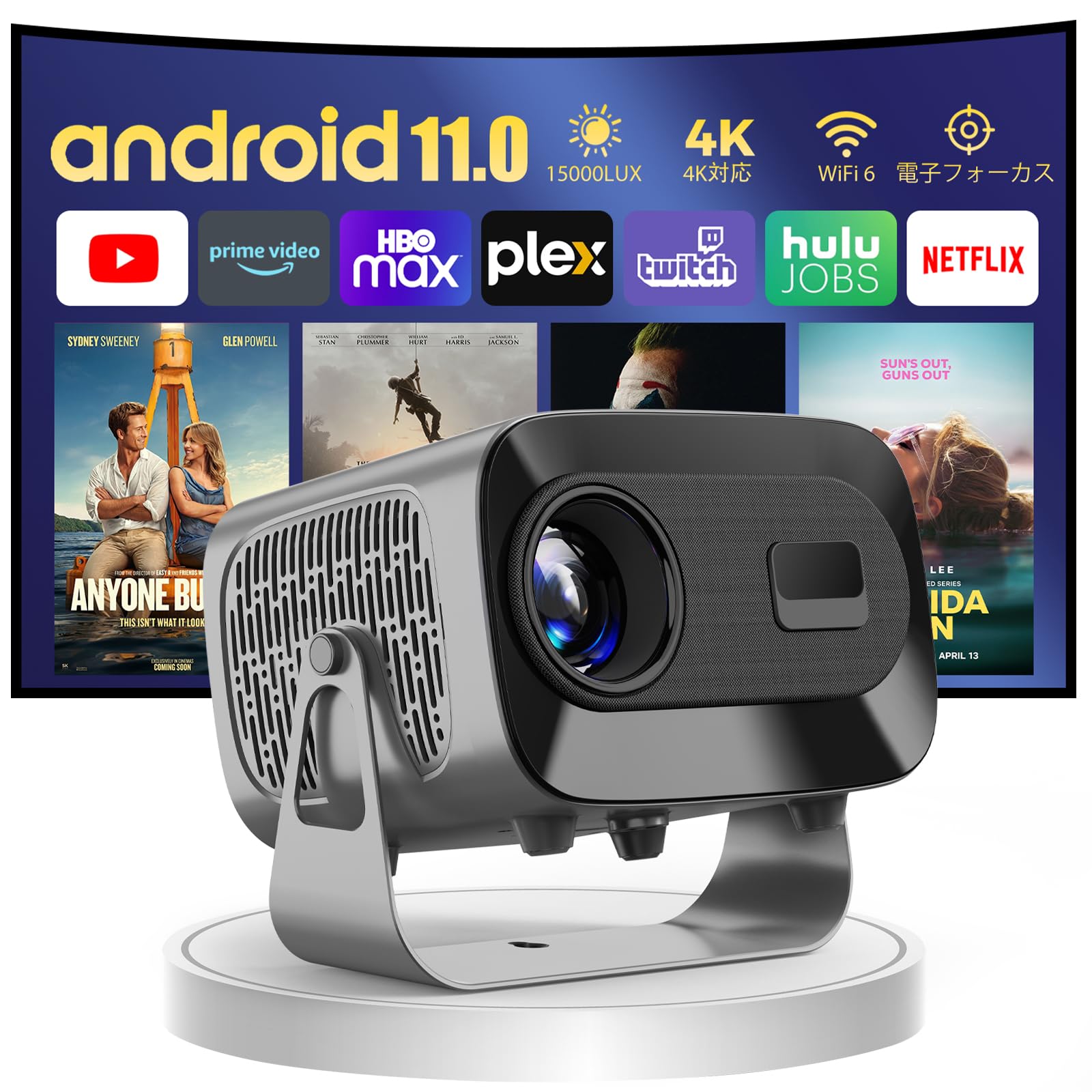

GINCSRI Small Projector with Android TV Home Theater 15000LUX High Brightness LED 6 Low Latency Dual Speakers 4K Compatible Home Use Mini Size