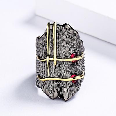 Geometric Vintage Red Zircon Interwoven Black Gold Ring 925  Exquisite Vintage Ring Ladies Party Cocktail Party Jewelry