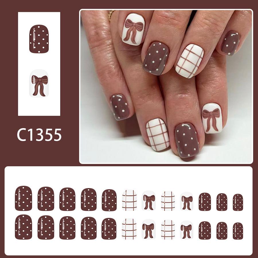 

Short Square Glossy Press On Nails 24Pcs Women Autumn Winter Brown Bow Checkered White Polka Dots Ins Style красный