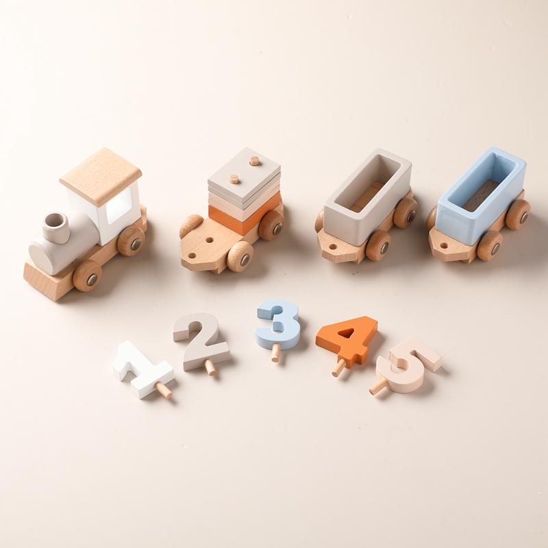 Baby Wooden Montessori Toys Birthday Train Educational Toys Wooden Trolley Baby Learning Toys Number of Wood Baby's Birth Gift