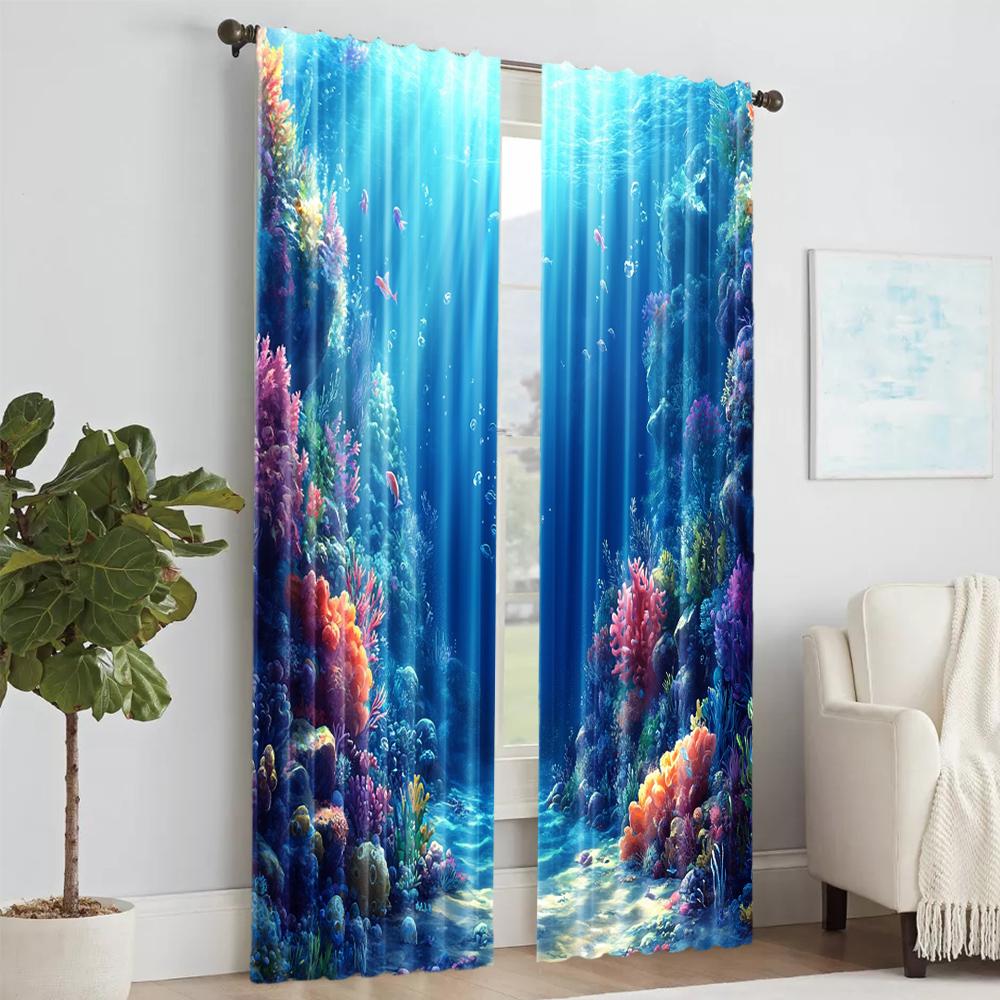 2 pcs   versatile polyester transparent curtains for home decoration Blue Underwater Landscape for use in bedrooms and living