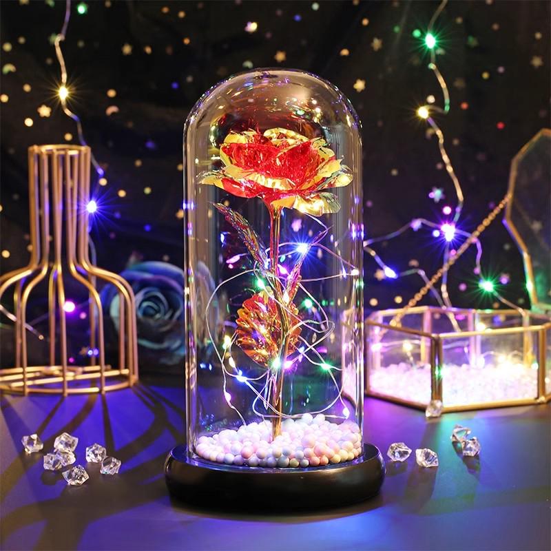 LED Rosegold Folie Konservierte Blume Glaskuppel - Kreatives Geschenk für Valentinstag & Frauentag