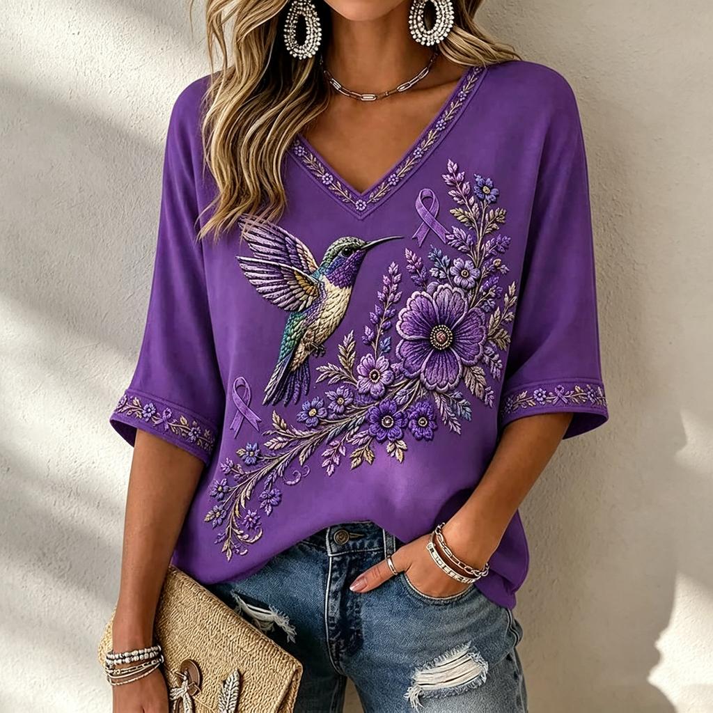 Women's 3D Print V-Neck Loose Fit Three-Quarter Sleeve T-Shirt