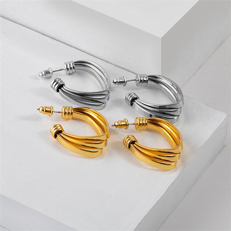 Three-layers Hollow C-shaped Women's Drop Earrings Gold Curved Metal Dangle Earrings Silver Geometry Ear Jewelry