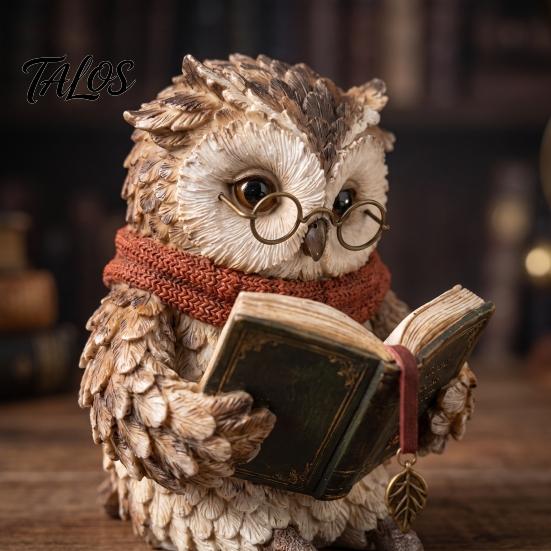 Retro Owl Figurine Vintage Reading Figurine, Holding Book Shelf Sitter, Round Glasses Desktop Statue for Bookshelf, Mantel, Home, Office, Gift Reader