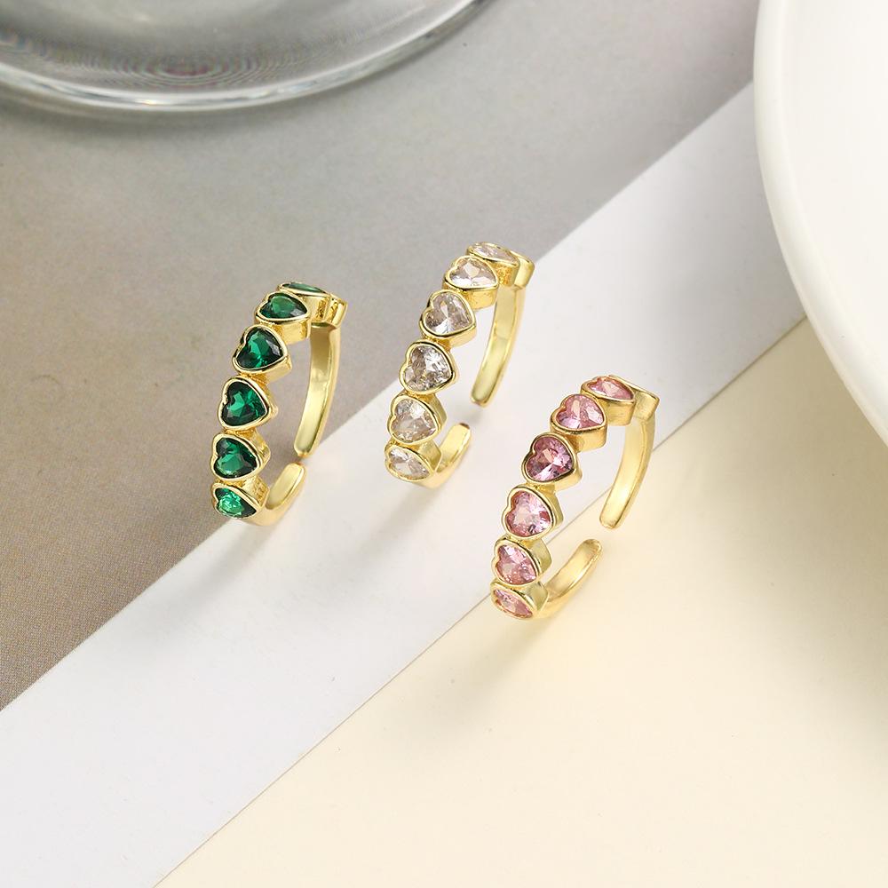 Geometric Copper Inlaid Colorful Heart Zircon Adjustable Women's Ring