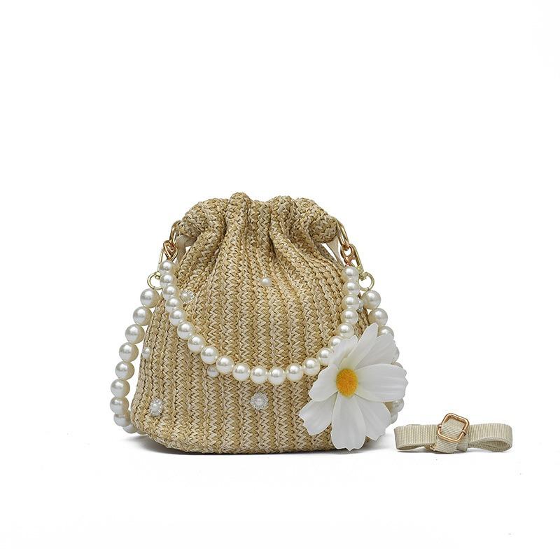 Little Fresh Flower Woven Bag Pearl Chain Tote Holiday Wind Beach Crossbody Bucket Bag