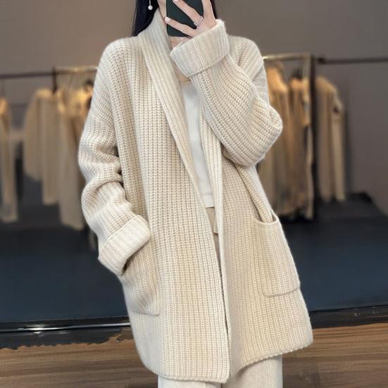 Sweater Coat Lapel Long Sleeve Open Front Knitting Sweater Coat with Pockets Solid Color Mid-length Casual