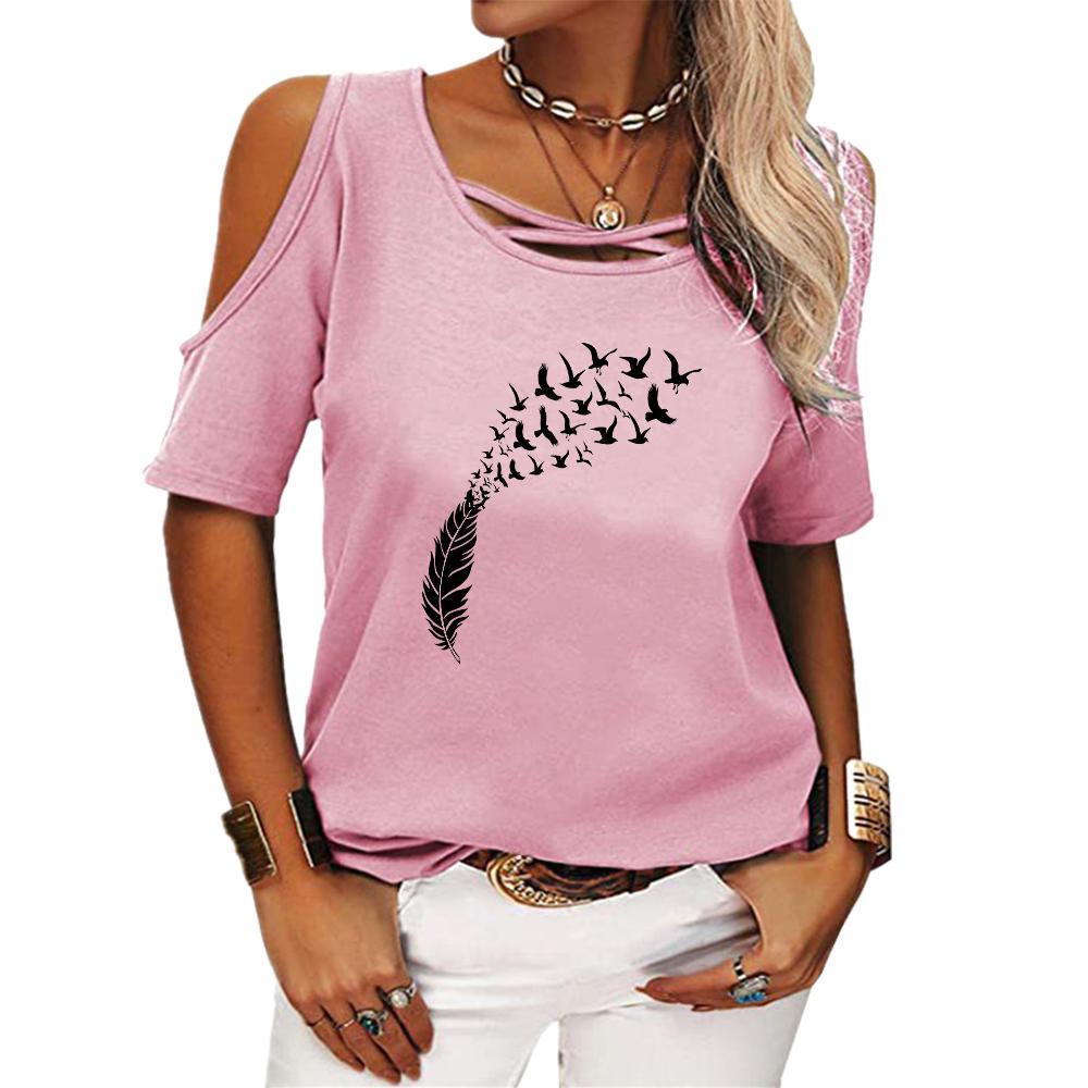 Women Fashion Round Neck Tee Shirt Summer Off Shoulder Top Casual Print Short Sleeve T-shirt