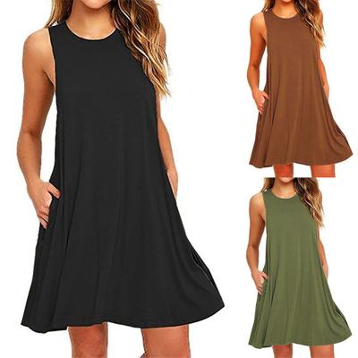 Damenkleid Ärmellos Rundhals Stoff Einfarbiges Midi-Kleid für Sommer