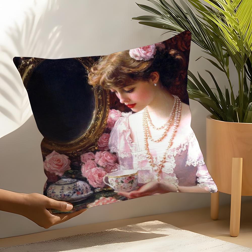 Oil Painting Girl Pillow Case Home Living Room Decoration Linen Pillow Cases Cushion Cover
