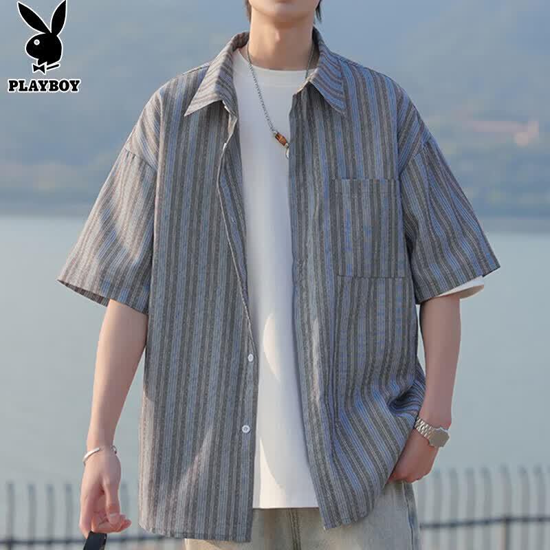 PLAYBOY Men s Ice Silk Striped Short Sleeve Shirt XL