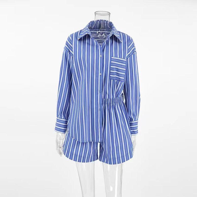 

Fashion Wind New Arrival Stripes Loose Tops Shorts Two-piece Set Striped Shirt and Shorts Set Stripes S