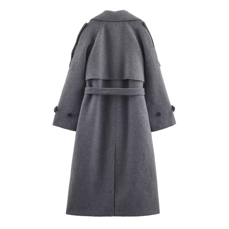 Womens Oversized Double-Breasted Wool Blend Coat With Waist Belt Longline Streetwear Style Winter Outerwear