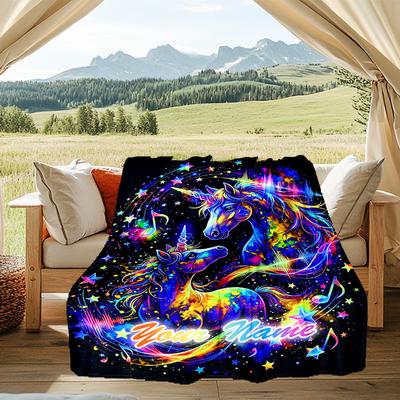 1PC Custom Name Fantasy Unicorn Night Flannel Blanket Versatile,all-season Throw Suitable for the Living Room,bedroom,camping,travel,and Gift