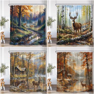 Hirsch Herbstlandschaft Duschvorhang Ahornbaum Hütte Bach Berge Naturlandschaft Polyester Badewannenvorhang Badezimmerdekorationen