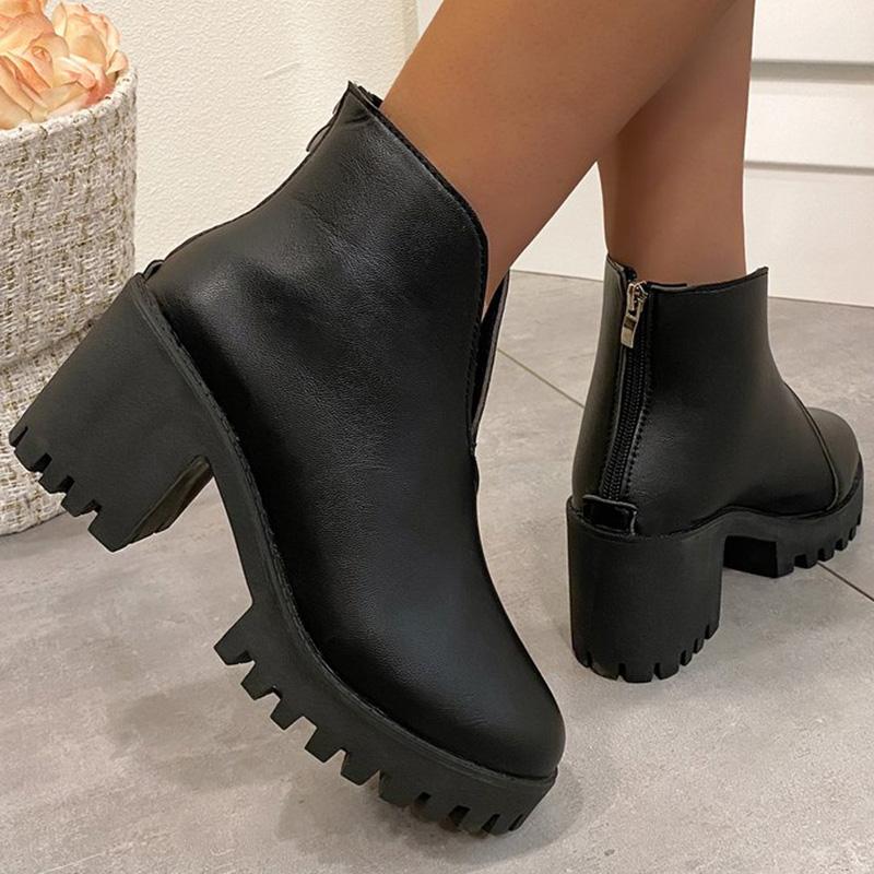 Fashion Elegant Black Platform Modern Boots Women Autumn Winter Faux Pu Leather Ankle Boots Woman Plus Size 35-43 Soft Insole Botas Lady