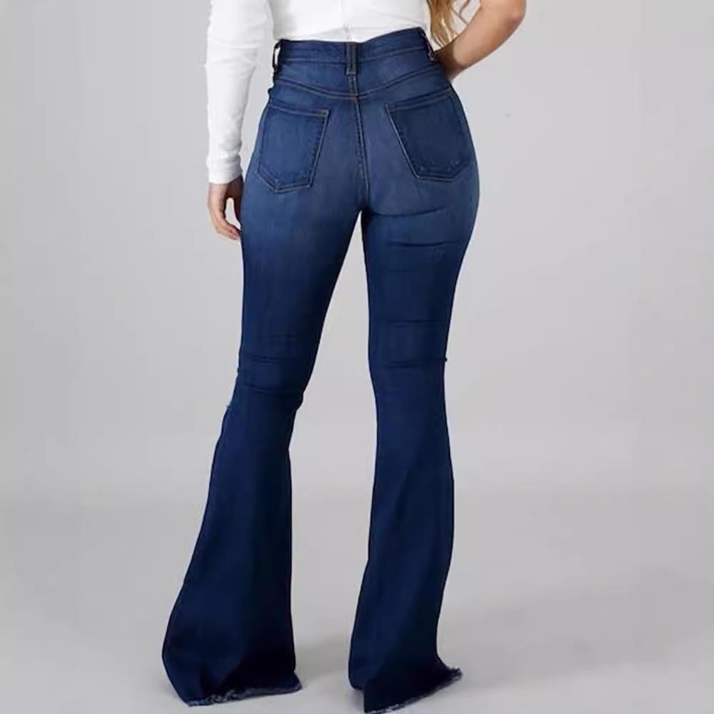 Women Bell Bottom Jeans Elastic Waist Ripped Flared Jean Destroyed Raw Hem Denim Pants