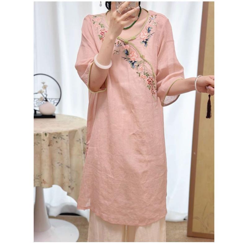 Women New Chinese Style Floral Embroidery Linen Dress Round Collar Frog Button Three-quarter Sleeve Casual Loose Fit Midi Dress