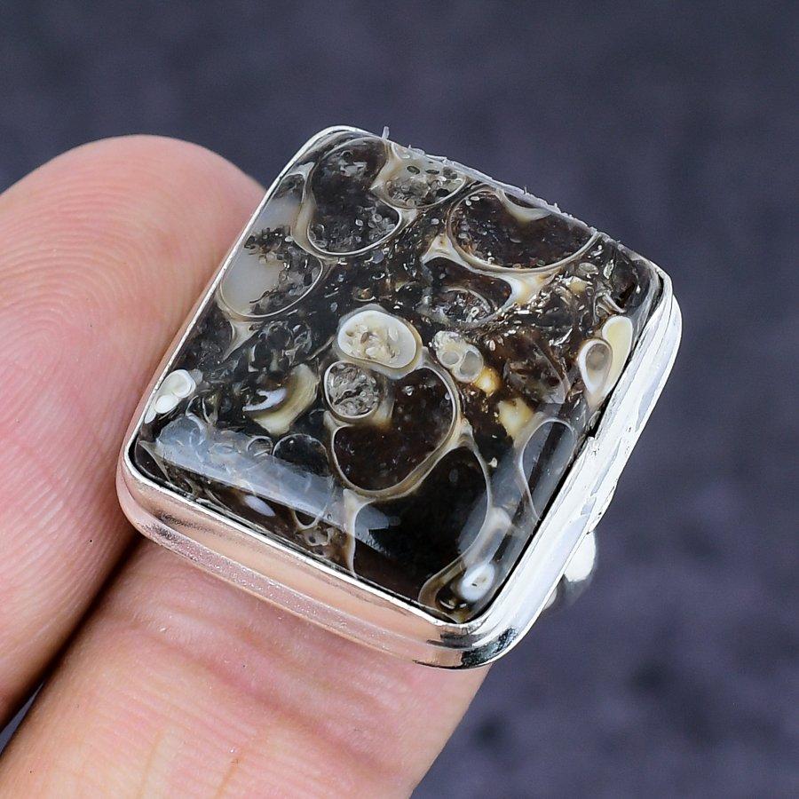 Natural Turritella Fossil 925 Sterling Silver Jewelry Ring Size 7.5 B5T99