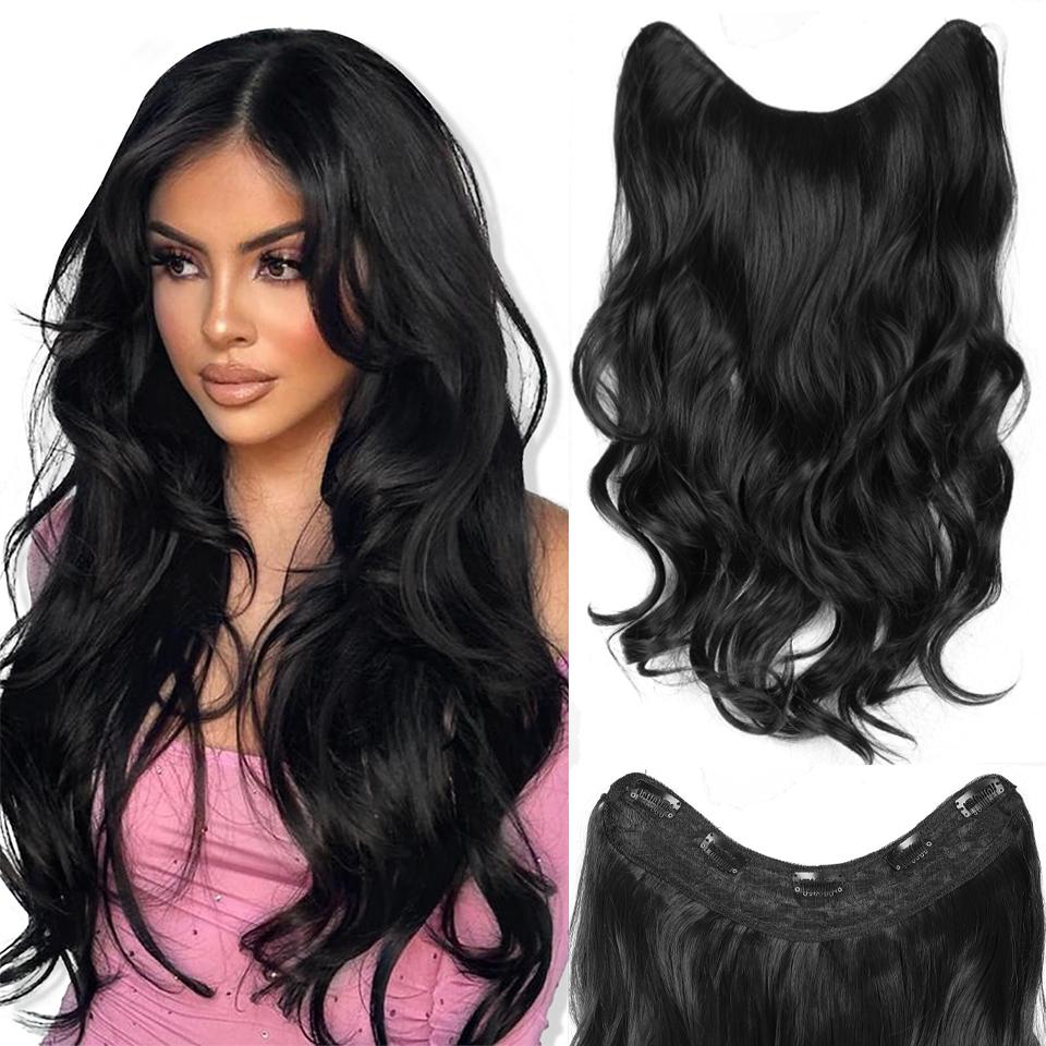 

20-дюймове синтетичне довге хвилясте кучеряве нарощування волосся на 5 кліпсах, модне невидиме V-подібне термостійке чорне волосся для жінок