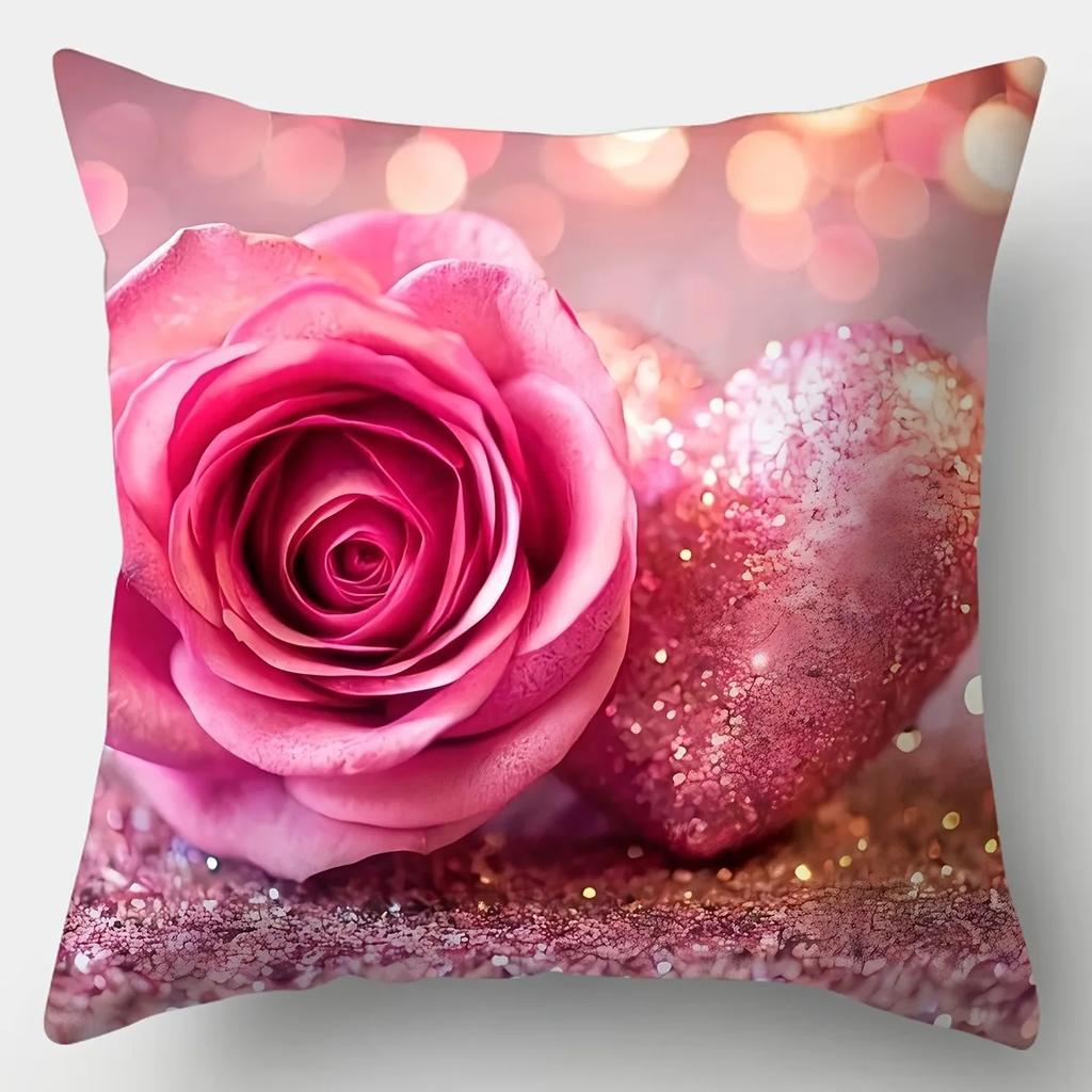 Floral Pillowcase With Sparkling Hearts And Pink Roses Bedroom Sofa Decorative Cushion Cover With Zipper Soft Cushion Cover