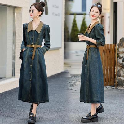 Ρετρό Τζιν Φόρεμα σε Γραμμή Α Φθινόπωρο 2023: Γυναικείο Μακρυμάνικο, Λεπτό στη Μέση, Μεσαίου Μήκους, Στυλ Πουκάμισο