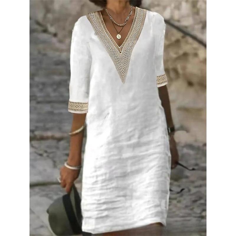 VEZFAA Kadın Modası Yaz İlkbahar 1/2 Kol V Yaka Bol Belli Günlük Elbiseler