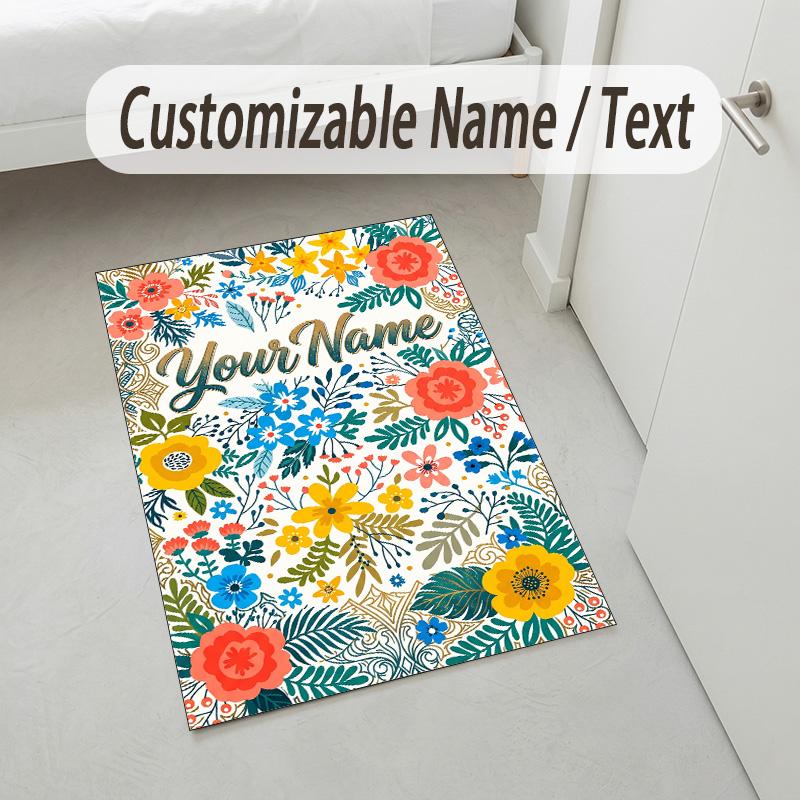 Floral Artwork Theme Soft Crystal Velvet Rug Custom Name & Text Print Non Slip Floor Rug for Bedroom Living Room